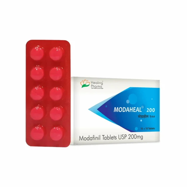 Buy Modafinil Online at Best Price. Image of Modaheal 200 packaging and pill strip for cognitive boost and focus.