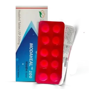 Packaging box for the Modaheal 200 medication, which contains 200mg modafinil tablets online for Cognitive Boost. The box features the Healing Pharma company logo and branding, along with key product information printed on the exterior.