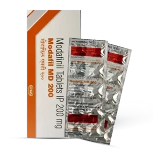 This image shows a box packaging for a medication called "Modafil MD 200", containing 200mg modafinil tablets manufactured by the Intas Pharmaceuticals Ltd company. The box features the company's logo and branding, along with key product details.