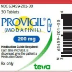 Provigil 200MG packaging label by Teva Pharmaceuticals.