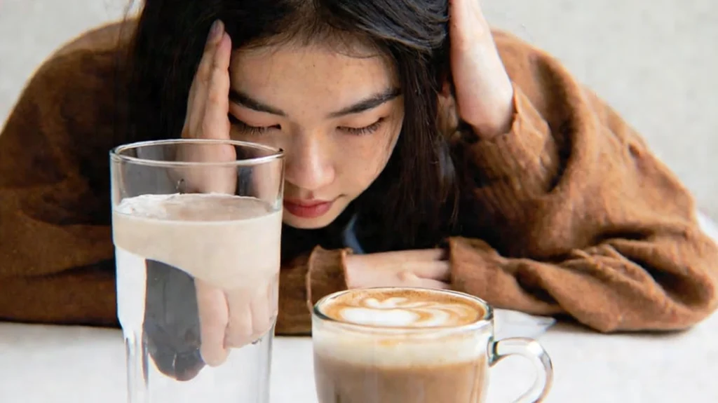 A young woman wearing a brown sweater rests her head in her hands, appearing to experience discomfort or a headache. In front of her are a glass of water and a cup of coffee, symbolizing hydration and caffeine as potential remedies for relieving headaches.