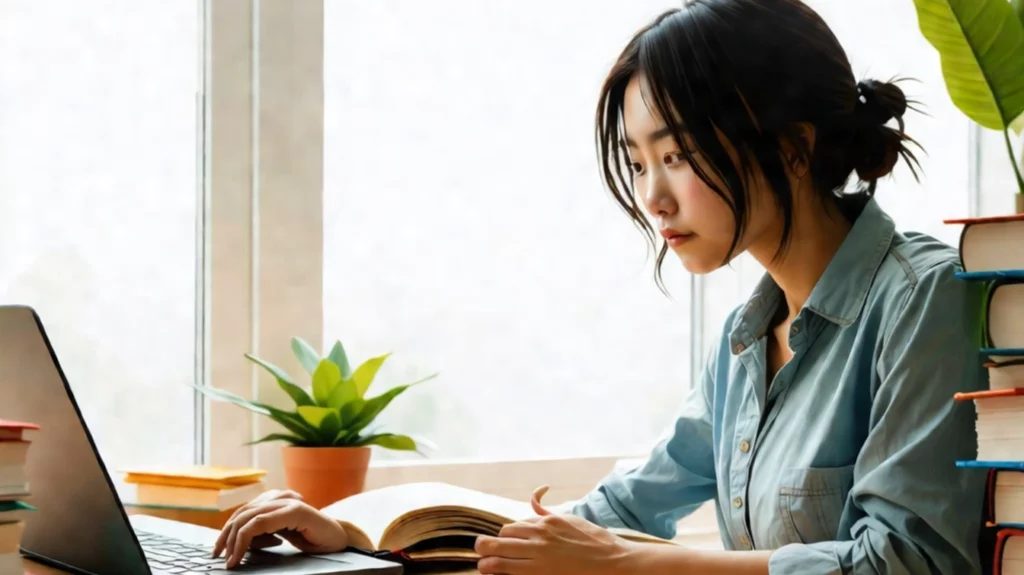 A woman is diligently working on her laptop with a stack of books beside her, symbolizing productivity, focus, and the cognitive enhancement often associated with Modafinil. This scene reflects the controlled status of Modafinil, emphasizing its regulated use for boosting mental performance under medical supervision.