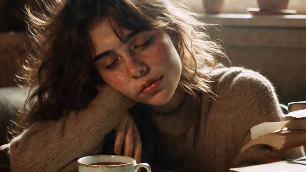 A young woman with wavy brown hair rests her head on her hand while sitting at a table, appearing fatigued, with a cup of coffee and open books nearby.