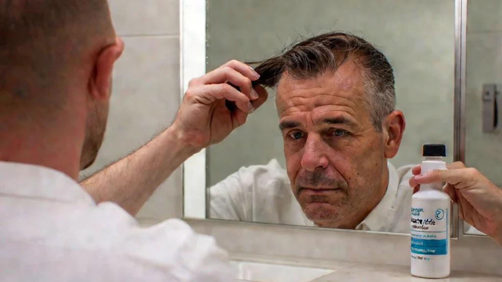 A middle-aged man stands in front of a bathroom mirror, inspecting his hair while holding a bottle of Finasteride solution. The image highlights the use of Finasteride as a treatment option for hair loss, demonstrating a routine approach to maintaining hair health and combating thinning hair.