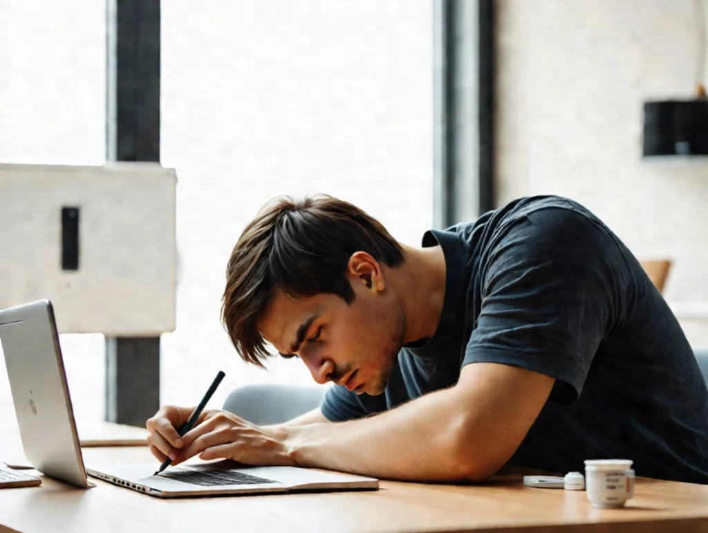 Focused young man working on a laptop with a stylus, illustrating an overview of Armodafinil's cognitive-enhancing effects.