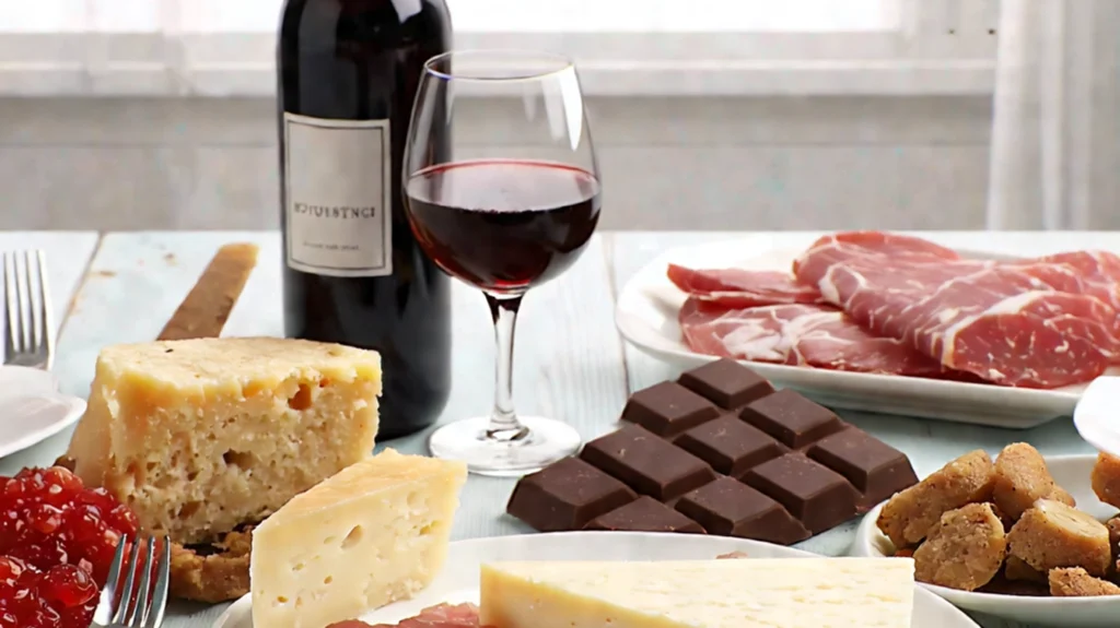 A gourmet table spread featuring a bottle of red wine, a glass of wine, an assortment of aged cheeses, cured meats, dark chocolate squares, breaded snacks, and a dollop of red jam. This rich combination of foods is often associated with indulgence but may also be linked to potential causes of headaches due to triggers like red wine and aged cheese. The scene is softly lit with a bright background.