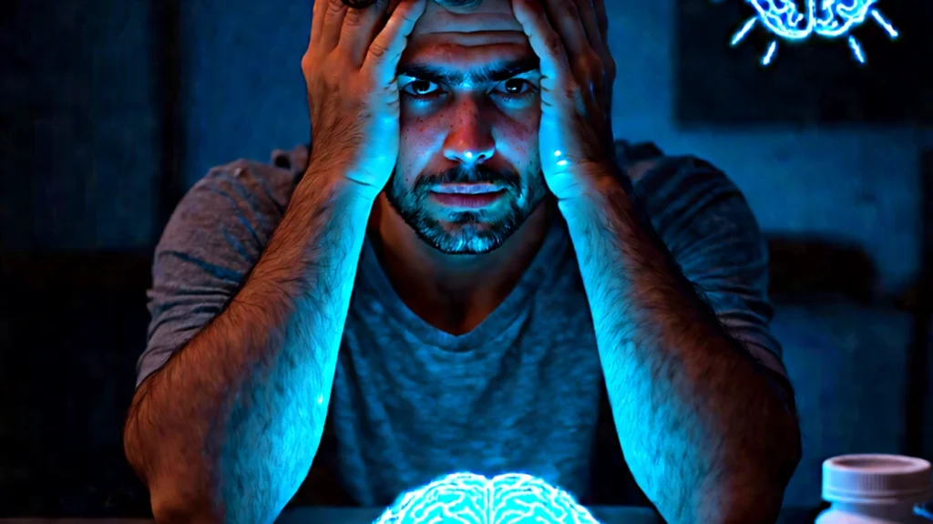 A stressed man holding his head with both hands, illuminated by a glowing blue brain hologram, representing the side effects of CNS stimulants, including mental strain and overstimulation.