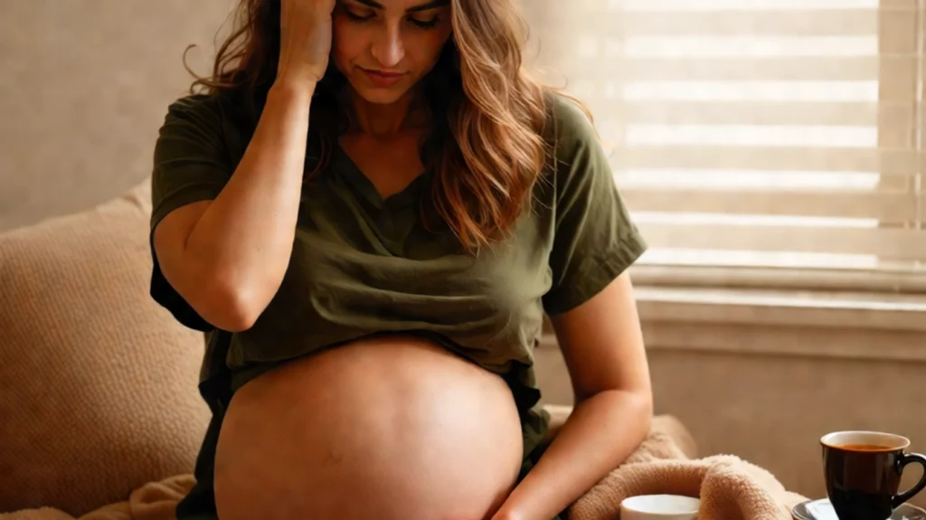 A pregnant woman sitting on a cozy couch, holding her head with one hand, showing signs of a headache or discomfort. She is wearing a green top, and her baby bump is visible. A cup of tea or coffee is placed on a small table nearby, indicating a moment of rest and relaxation.