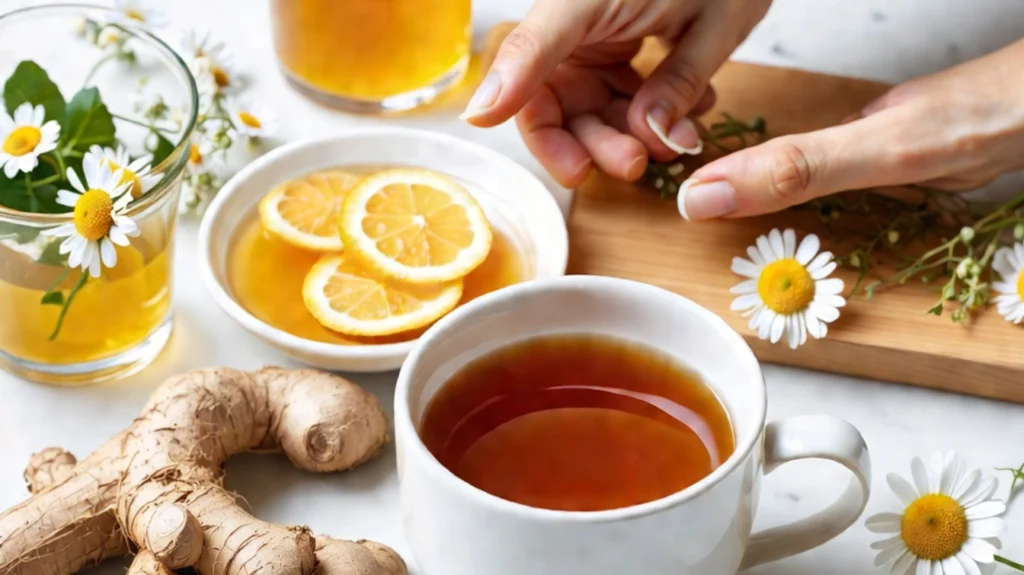 A close-up of a calming tea preparation scene with a white cup of chamomile tea surrounded by fresh chamomile flowers, lemon slices in a small white dish, a jar of honey, and fresh ginger root on a marble surface. Hands are gently picking chamomile blossoms on a wooden cutting board.