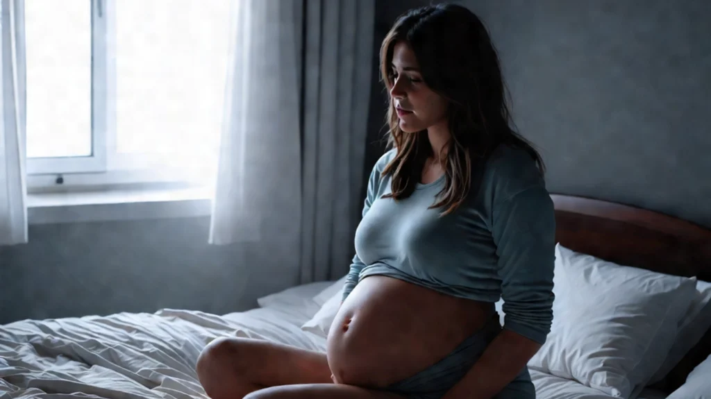 A pregnant woman sitting on her bed in a dimly lit room, looking thoughtful and slightly fatigued, illuminated by natural light from a nearby window. The serene yet introspective mood reflects themes of insomnia during pregnancy and the challenges of restless nights.