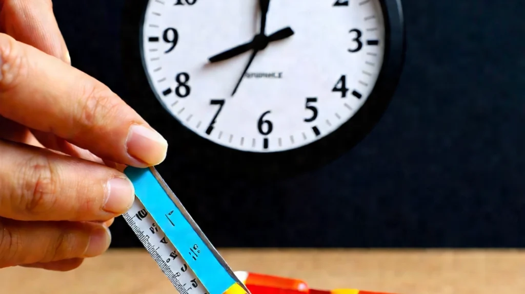 A hand holding a measuring tool against a clock, depicting the concept of time management and alertness, often linked with Modafinil's effects.