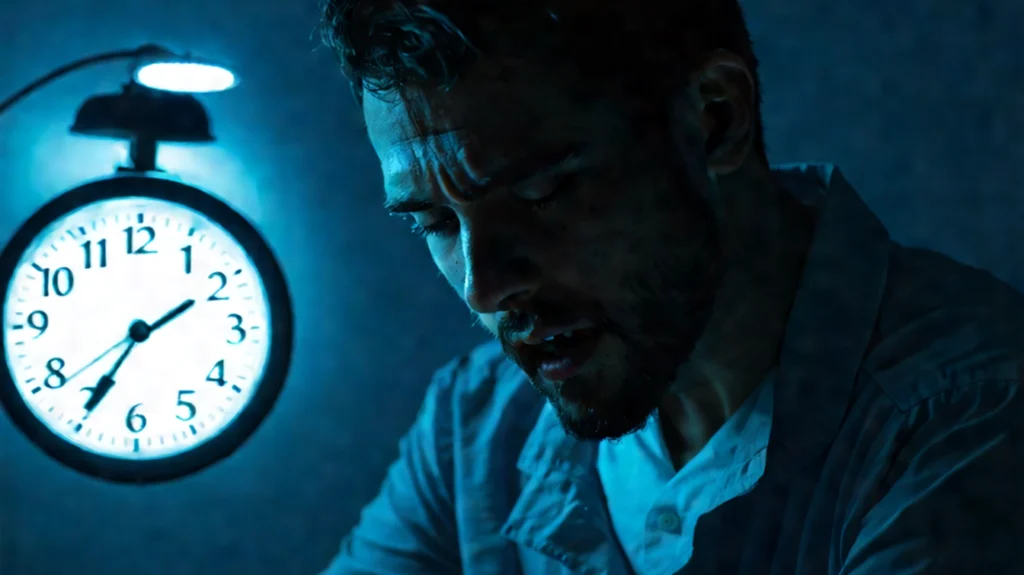 A man, appearing tired and stressed, sits in a dimly lit room with a glowing clock showing 3:10 in the background. The man has an unshaven face, slightly tousled hair, and wears a light blue shirt. The blue lighting emphasizes a sense of fatigue and sleeplessness, suggesting he may be struggling with Shift Work Sleep Disorder (SWSD) or other sleep-related challenges.