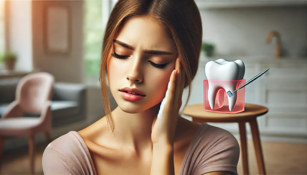 A realistic landscape image showing a beautiful young woman experiencing a headache caused by wisdom teeth pain. She is indoors, sitting with her hand gently touching her jaw, expressing discomfort. The background features a modern, softly lit room, and a visual representation of a tooth with surrounding inflammation is displayed beside her, symbolizing the connection to wisdom teeth. The scene is calm yet emphasizes the pain and health impact of wisdom teeth.