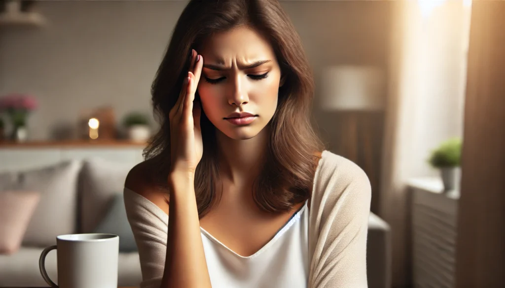 A realistic landscape image showing a beautiful young woman experiencing a headache caused by anxiety. She is sitting indoors with a distressed expression, her hand gently resting on her temple. The softly lit background includes cozy elements like a mug on the table and a blurred, calming room environment, emphasizing the connection between anxiety and headaches. The scene conveys emotional tension and physical discomfort caused by anxiety and high cholesterol.