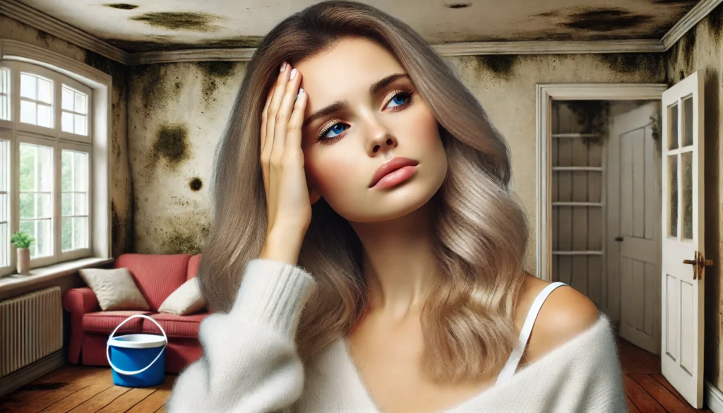 A realistic landscape image showing a beautiful young woman experiencing a headache caused by mold exposure. She is indoors in a slightly dim room, gently touching her temple with a pained expression. The background features visible signs of mold on the walls and ceiling, with furniture such as a red sofa and a cleaning bucket adding to the environment. The scene conveys the discomfort and health issues associated with mold exposure, highlighting its potential to cause headaches.