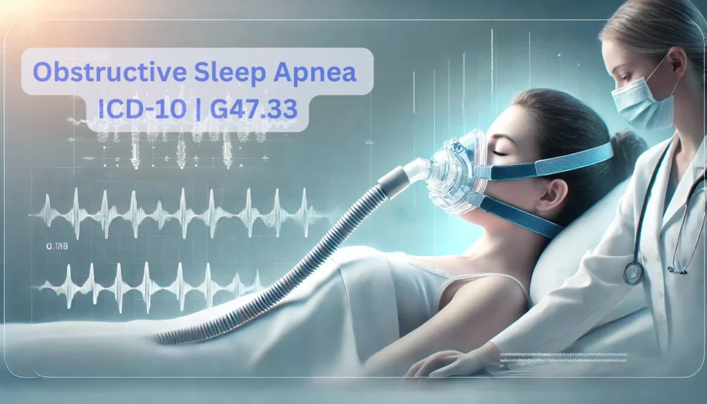 Medical illustration of Obstructive Sleep Apnea (OSA) featuring a patient wearing a CPAP mask, monitored by a healthcare professional, with visible waveforms representing breathing patterns. The text overlay highlights 'Obstructive Sleep Apnea - ICD-10 Code: G47.33', emphasizing the diagnostic classification for this condition.