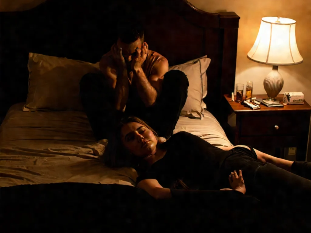 A dimly lit bedroom scene illustrating emotional distress. A shirtless man sits on the bed with his hands covering his face, while a woman lies beside him, looking away. The bedside table holds items such as a lamp, drinks, and a box of medication, symbolizing struggles and tension. This depiction subtly reflects the emotional toll of erectile dysfunction on relationships and individual well-being.