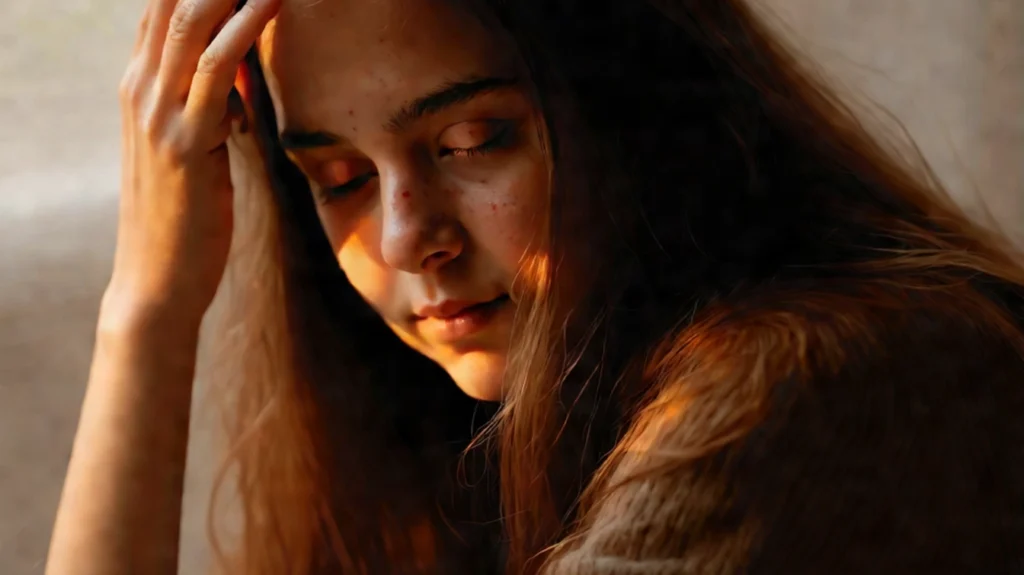 A close-up of a young woman with long brown hair sitting in soft light, resting her head on her hand with her eyes closed, appearing to experience dizziness or discomfort.