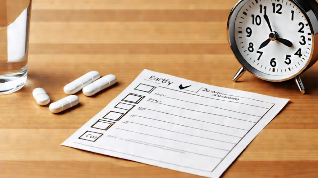 Close-up of pills, a checklist, and a clock, symbolizing Armodafinil dosage timing and schedule.