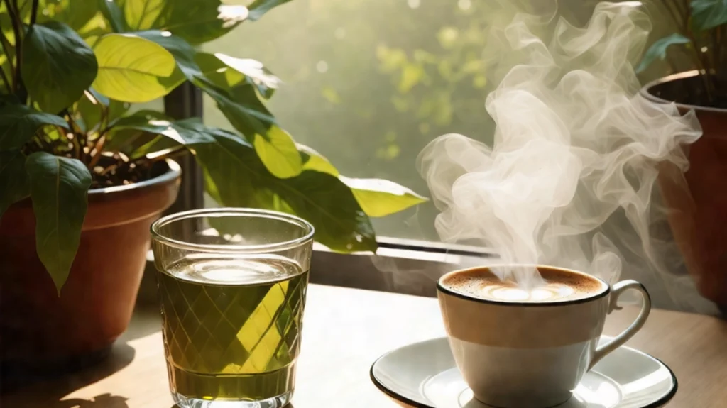 A steaming cup of coffee next to a glass of green tea on a wooden table, surrounded by plants, representing natural stimulants that promote energy and focus.