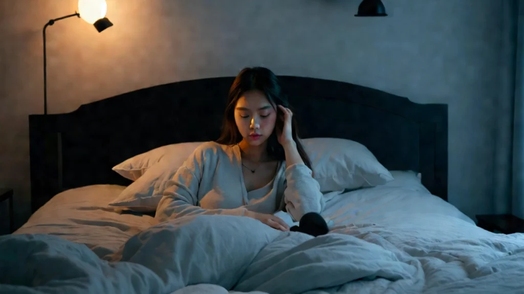 A young woman sitting up in bed at night with a contemplative expression, illuminated by a warm bedside lamp. The dim lighting emphasizes the serene yet melancholic atmosphere, suggesting themes of insomnia, restlessness, or late-night introspection.