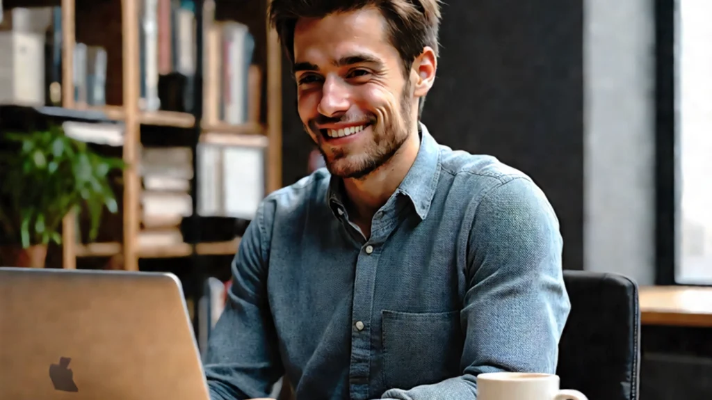 Smiling young man working on a laptop, representing the productive potential and uses of Armodafinil.