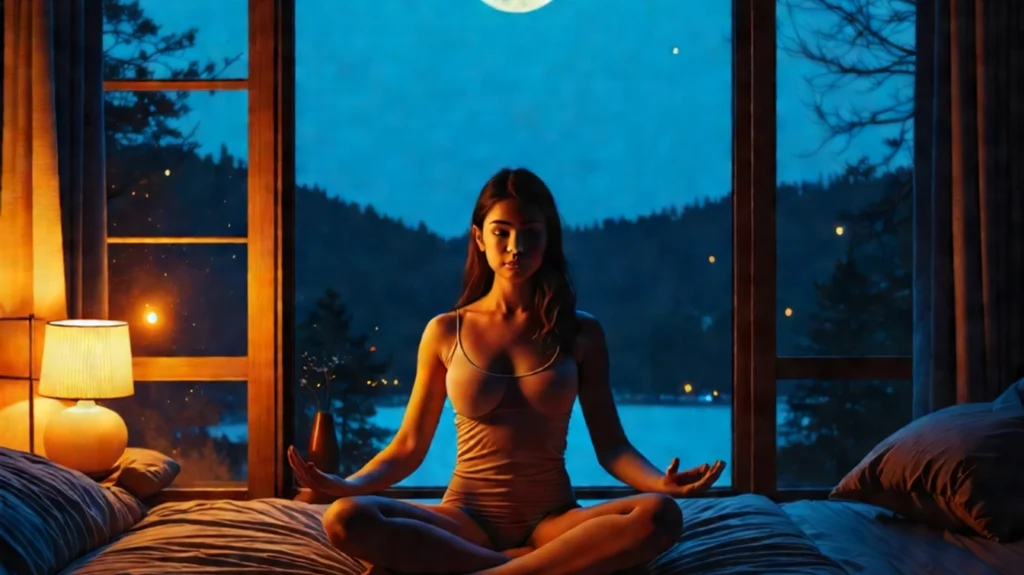 A young woman practicing meditation in a serene bedroom at night, seated cross-legged on a bed with her hands in a mudra position. The room is warmly lit by a bedside lamp, and a large window reveals a tranquil outdoor scene with a glowing moon and a peaceful lake, symbolizing relaxation and insomnia treatment.