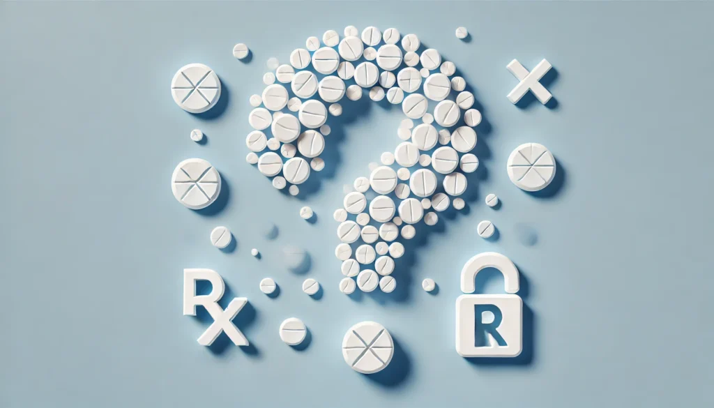 A minimalist image featuring multiple white pills on a light blue background, forming a large question mark in the center. The design includes an RX logo and a lock icon, symbolizing prescription control and regulations for Schedule IV Controlled Substances drug.