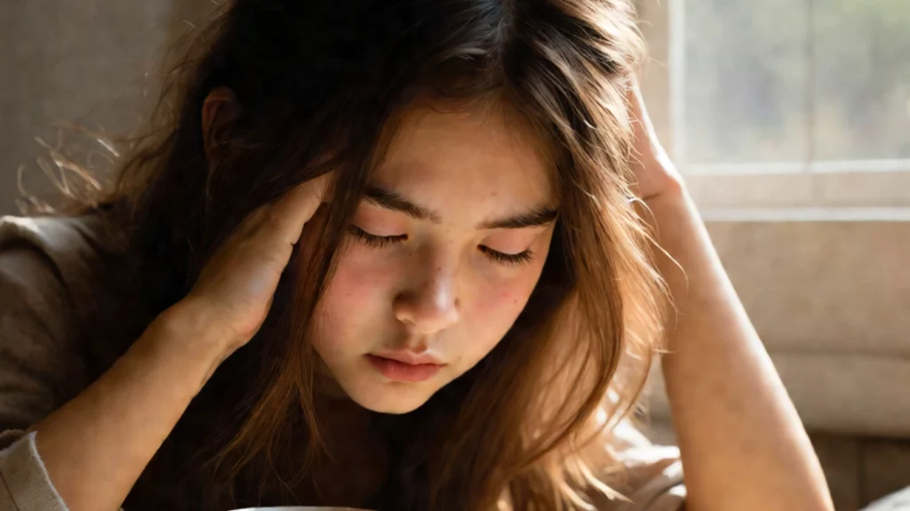 A young woman with long brown hair rests her head in her hands, sitting near a softly lit window. Her eyes are closed, and her expression reflects discomfort or fatigue, suggesting she might be experiencing "Chronic Daily Headaches." The natural light streaming through the window highlights her face, emphasizing a moment of stillness and introspection. The image captures the theme of dealing with persistent headaches, creating a relatable and empathetic scene for those managing similar challenges.