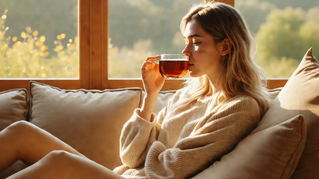 A young woman sitting on a cozy beige couch near a wooden-framed window, enjoying a cup of tea. The warm sunlight streams through the window, creating a serene and relaxing atmosphere. This image highlights the concept of the best tea for headaches, emphasizing relaxation and natural remedies.