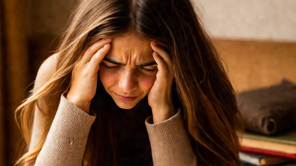 A young woman with long, light brown hair sits indoors, holding her head with both hands and furrowing her brow, visibly distressed by a headache. She wears a beige sweater and sits near a stack of books on a wooden table, with a soft, warm-toned background.