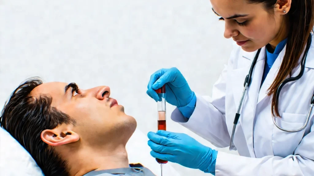 A medical professional, wearing a white coat and gloves, prepares a tube of blood plasma for Platelet-Rich Plasma (PRP) therapy while a patient lies calmly on the examination table. The doctor focuses intently on the procedure, symbolizing the precision and care involved in PRP therapy, a treatment used to address hair loss and promote natural hair regrowth.