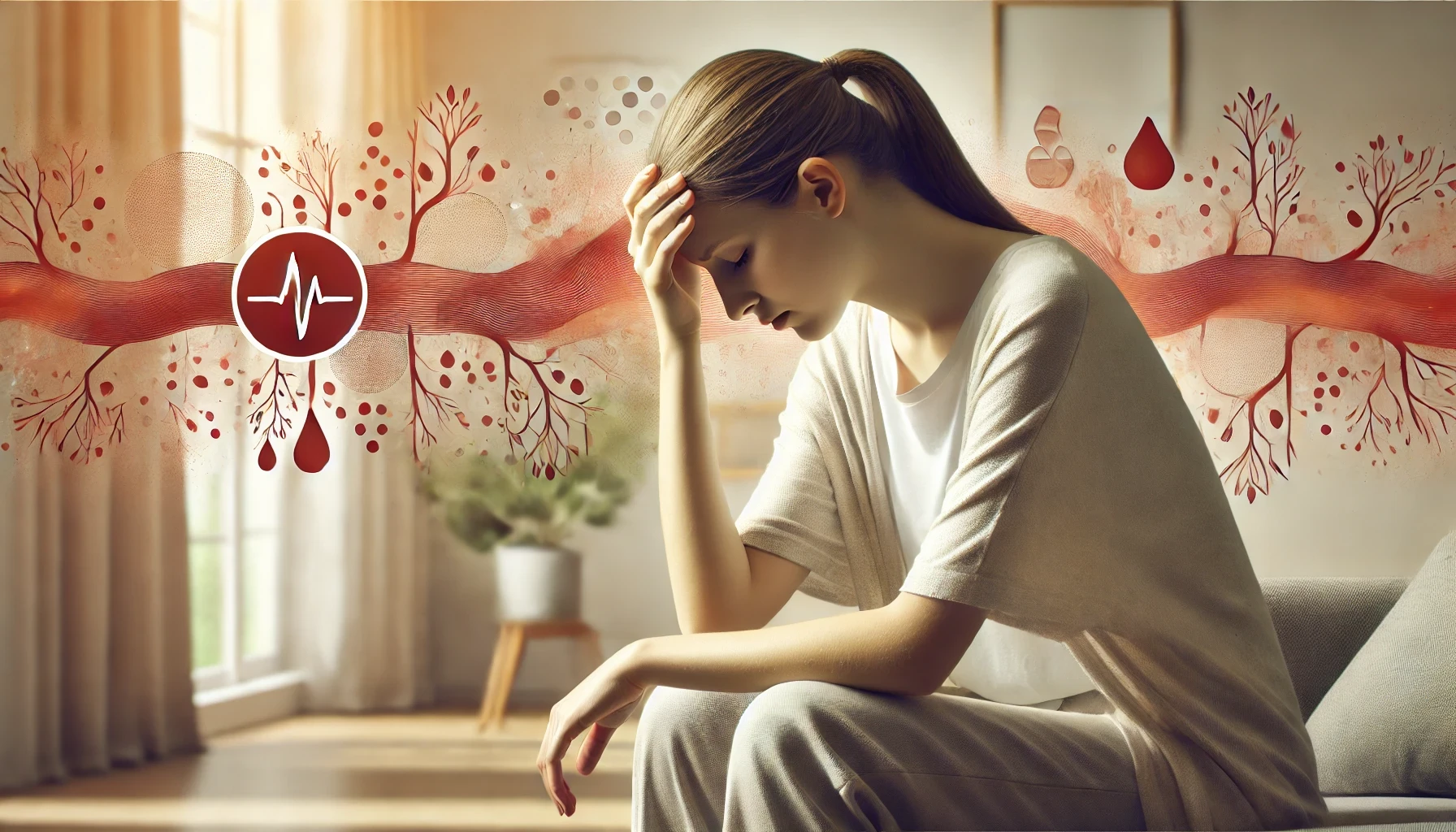 A beautifully lit, realistic landscape image of a young woman sitting indoors, experiencing a headache caused by high cholesterol and weather changes. She is holding her head with a distressed expression, symbolizing discomfort. The background features abstract visual elements such as blood vessels and cholesterol-themed illustrations, subtly hinting at the connection between high cholesterol and headaches. The environment is warm and softly lit, with natural elements adding to the serene yet health-conscious theme.