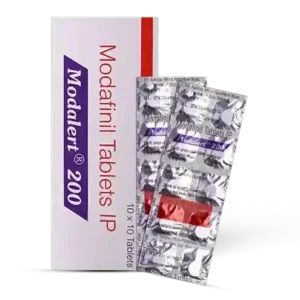 Box packaging for the modafinil medication Modalert 200, which contains 200mg tablets. The box features the Healing Pharma company branding and key product details.