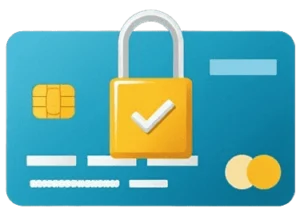 A blue credit card illustration with a yellow lock symbol featuring a checkmark, representing secure payment.