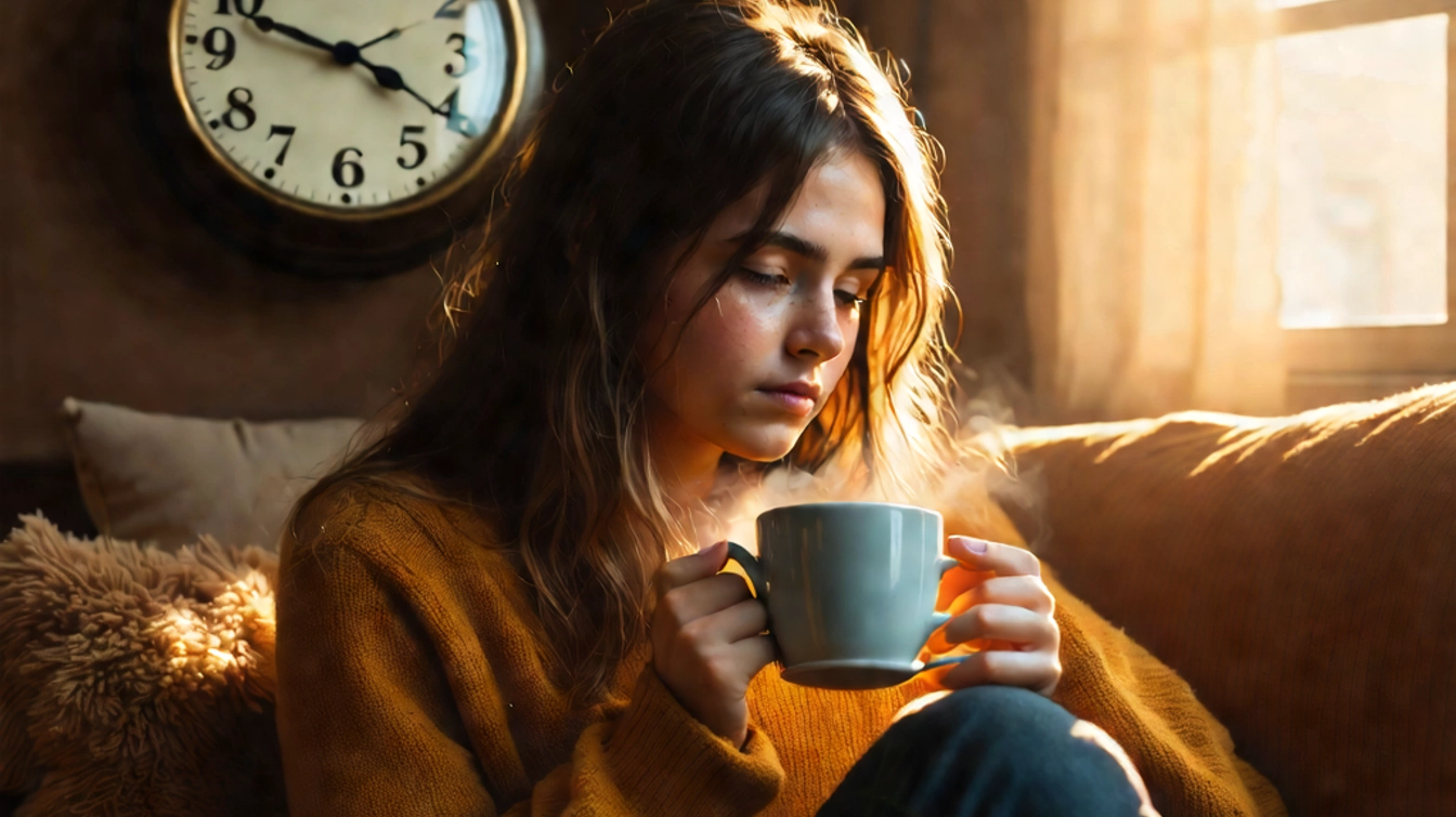 A young woman with long brown hair sits on a cozy couch, holding a steaming cup of coffee or tea. She wears a warm mustard-yellow sweater and looks thoughtful, gazing downward. The background features soft lighting, a fuzzy pillow, and a vintage clock on the wall, evoking a tranquil yet introspective atmosphere. The scene suggests the challenges of "waking up with headaches," "daily headaches," or "chronic headaches," while reflecting on possible "causes of headaches" during a calm moment of self-care.