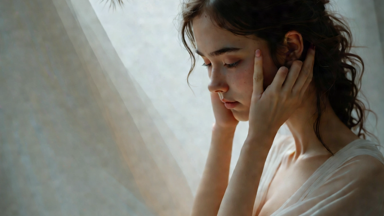 A young woman with wavy brown hair sits near a softly lit window, gently pressing her fingers to her temples, appearing to soothe a headache. Her expression is calm and introspective, framed by a delicate sheer fabric in the background.