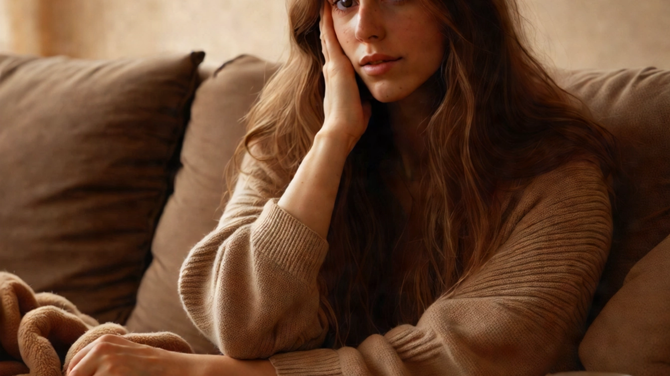 A young woman experiencing nausea, sitting on a beige couch. She rests her head on her hand, wearing a comfortable brown sweater, with a blanket draped over her arm. Her expression appears contemplative and slightly discomforted.