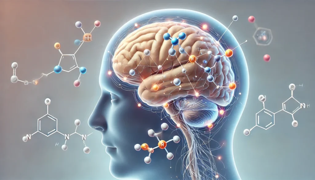 Illustration showing how Modafinil and Armodafinil work in the brain, highlighting key areas such as the prefrontal cortex, thalamus, and hypothalamus. Neural pathways and interactions with dopamine transporters are depicted to explain how Modafinil and Armodafinil enhance cognitive function.